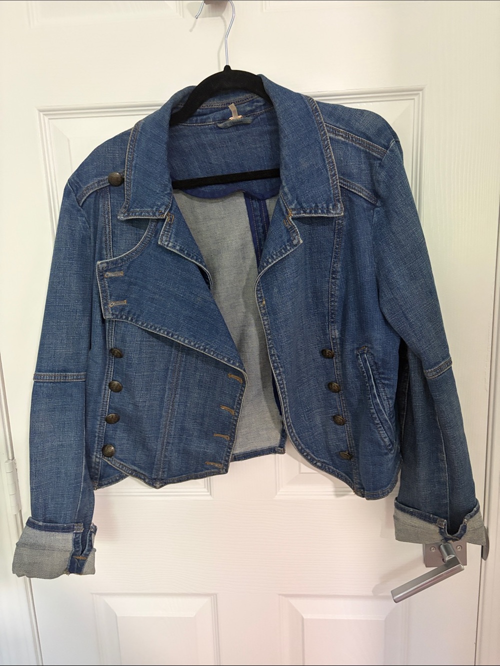 Free People Blue Denim Military-Style Jean Jacket